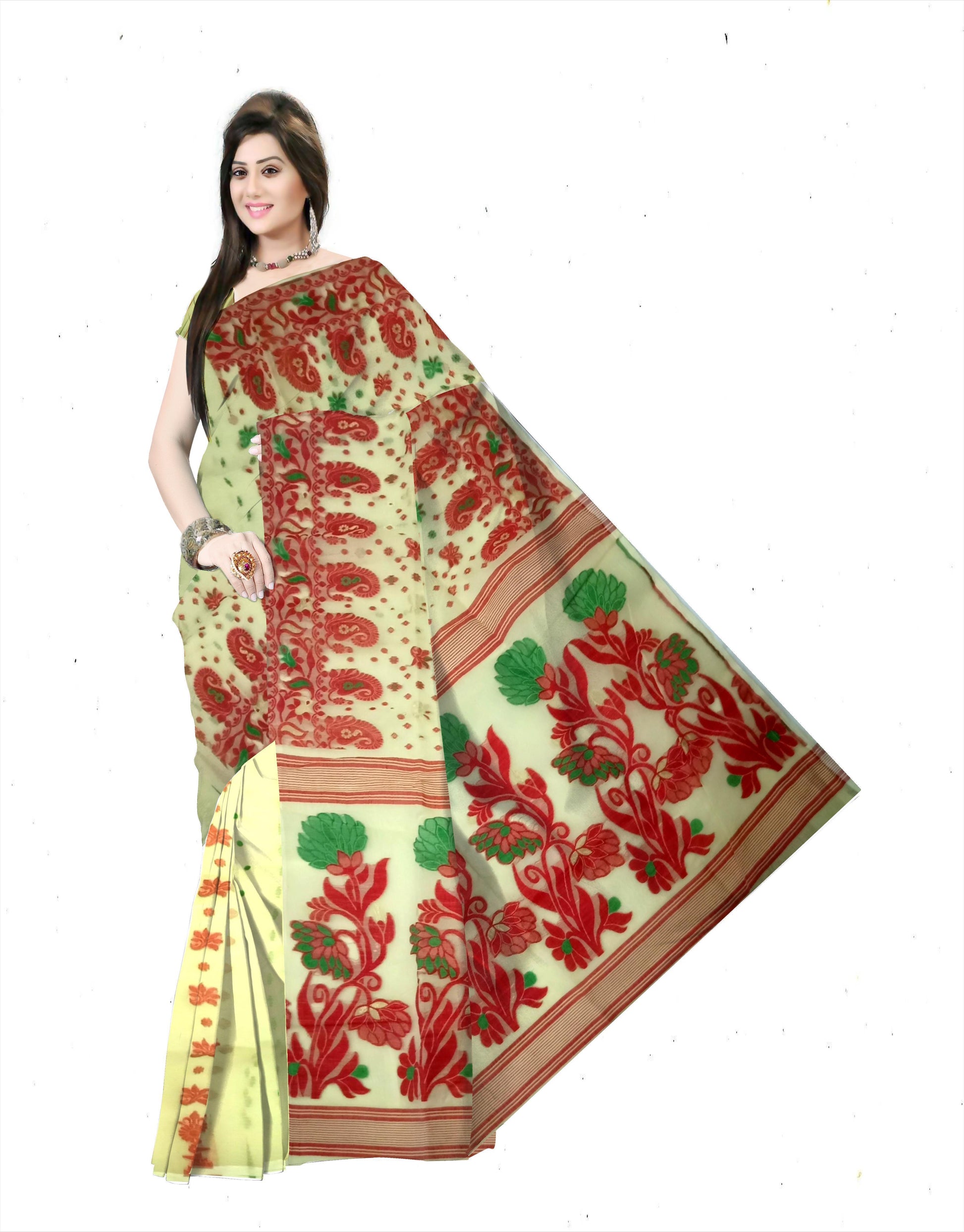 light yellow red all over dhakai jamdani tant saree
