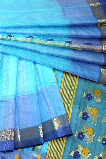 Pradip Fabrics Ethnic Women's Tant Silk Aqua Color Baluchuri Saree