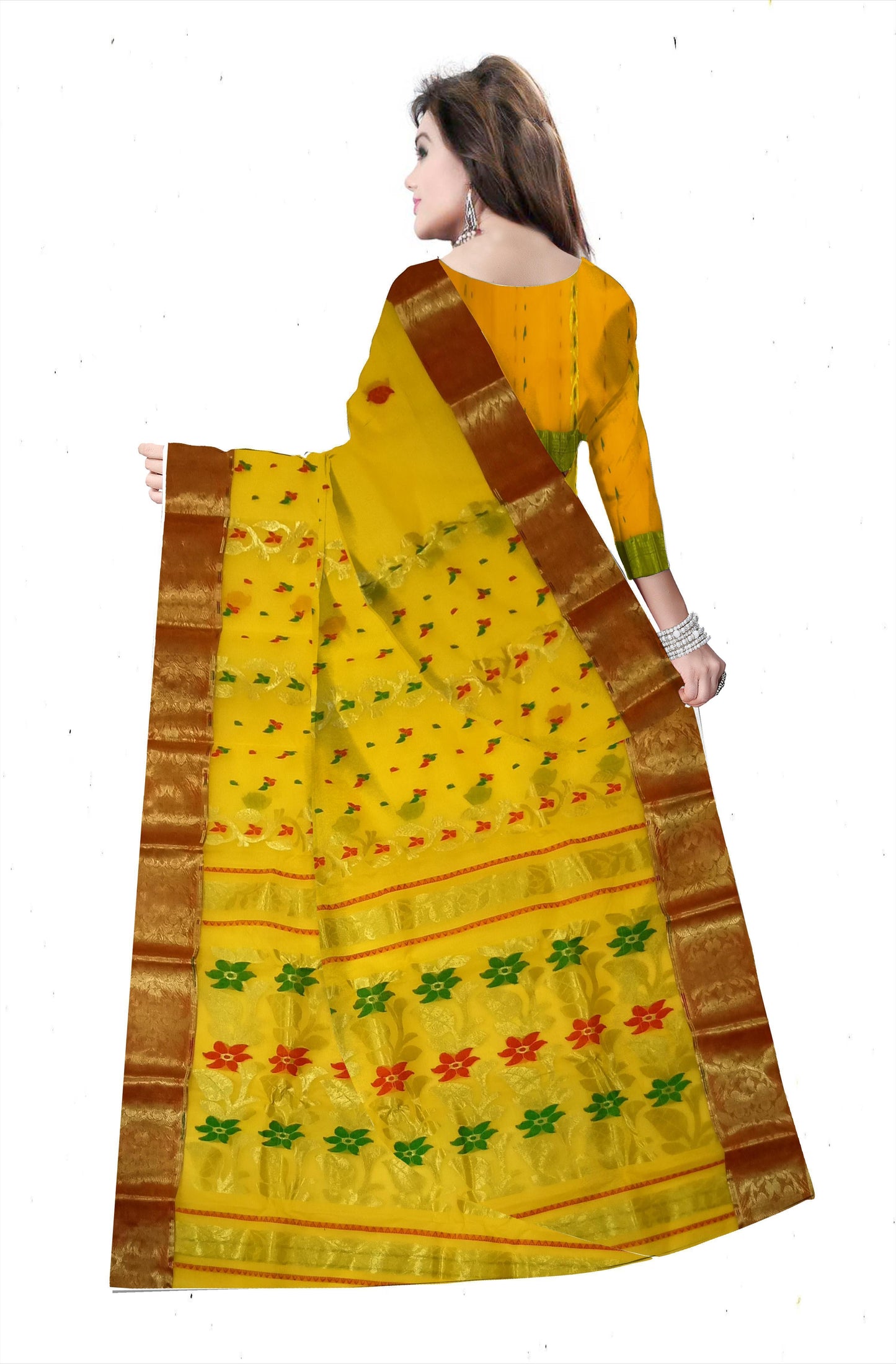 Pradip Fabrics Pure Tant Cotton Yellow Body and Golden Border Saree