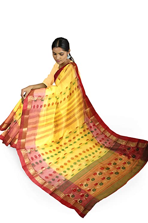 Pradip Fabrics Ethnic Women's Tant Silk Dark Yellow Color Baluchuri Saree