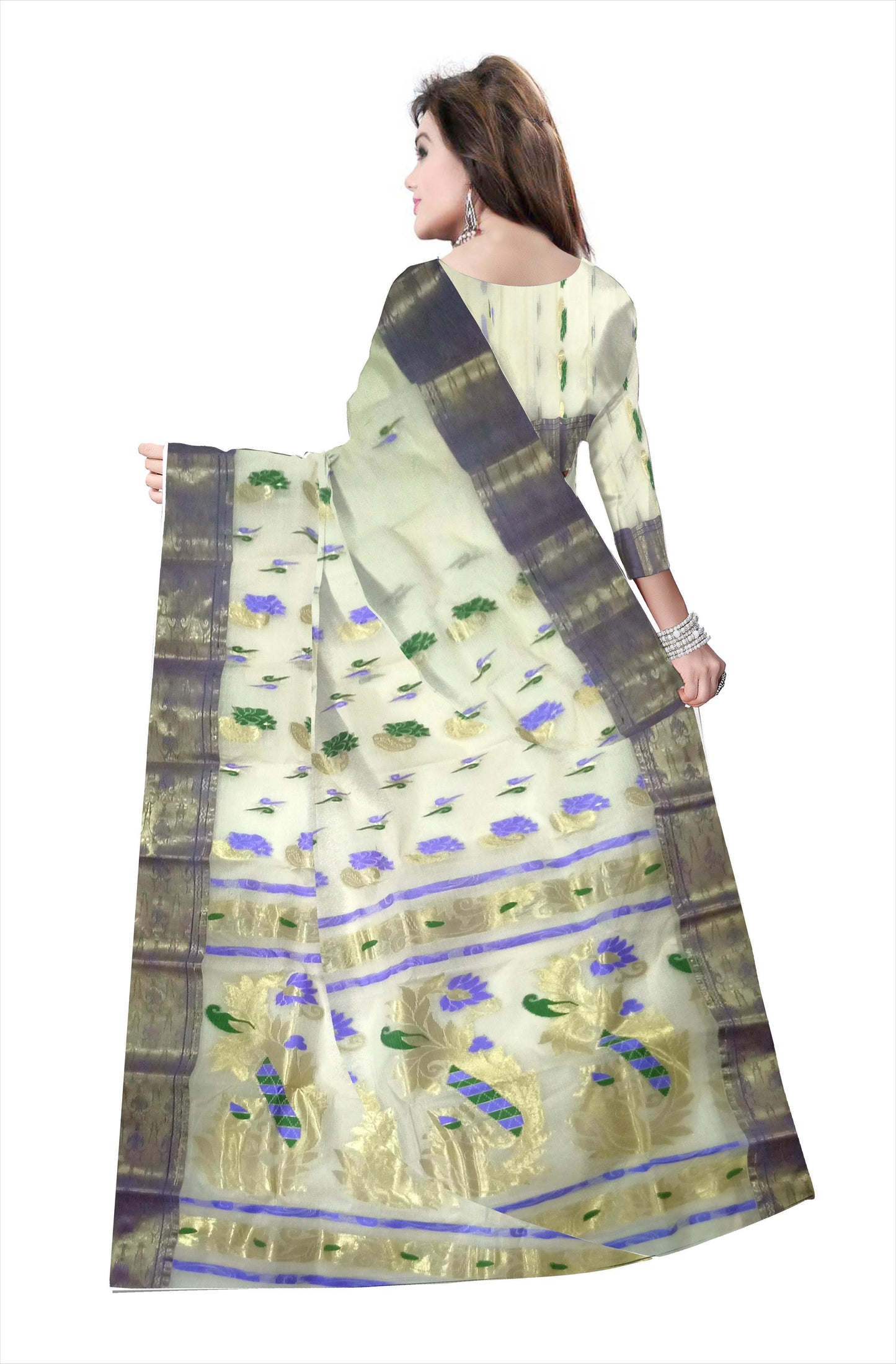Pradip Fabrics Pure Tant Cotton White (Soft Olive) Color Saree
