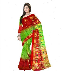 Pradip Fabrics Ethnic Women's Tant Silk Red and Light Green Color Saree