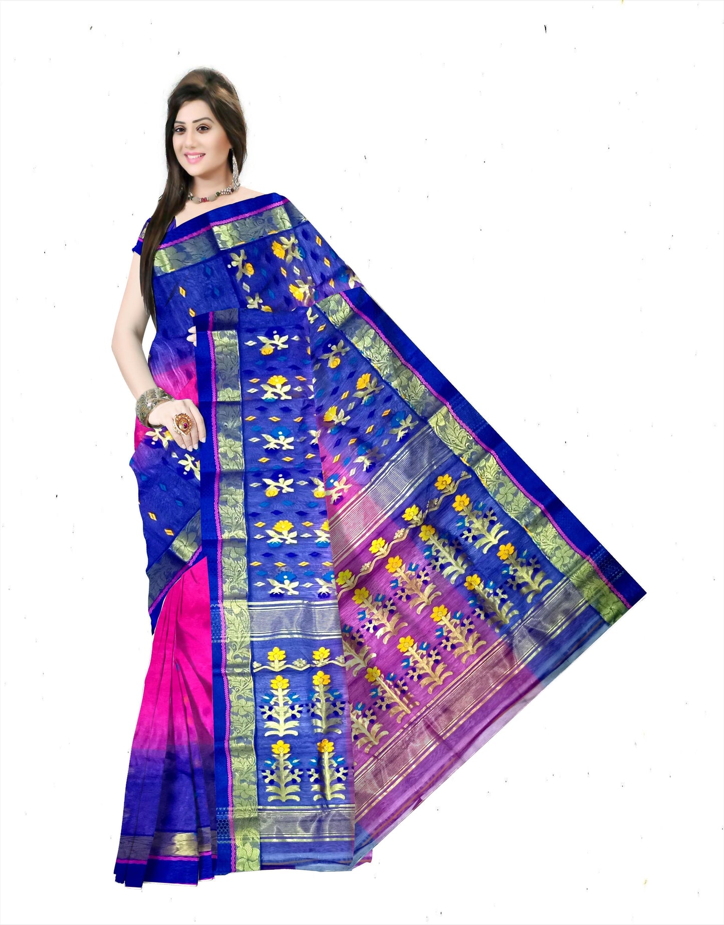 Pradip Fabrics Ethnic Women's Tant Silk Blue and Pink Color Saree