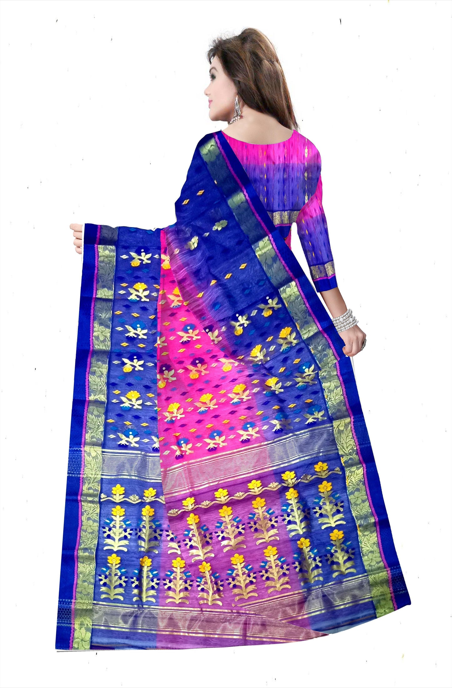 Pradip Fabrics Ethnic Women's Tant Silk Blue and Pink Color Saree