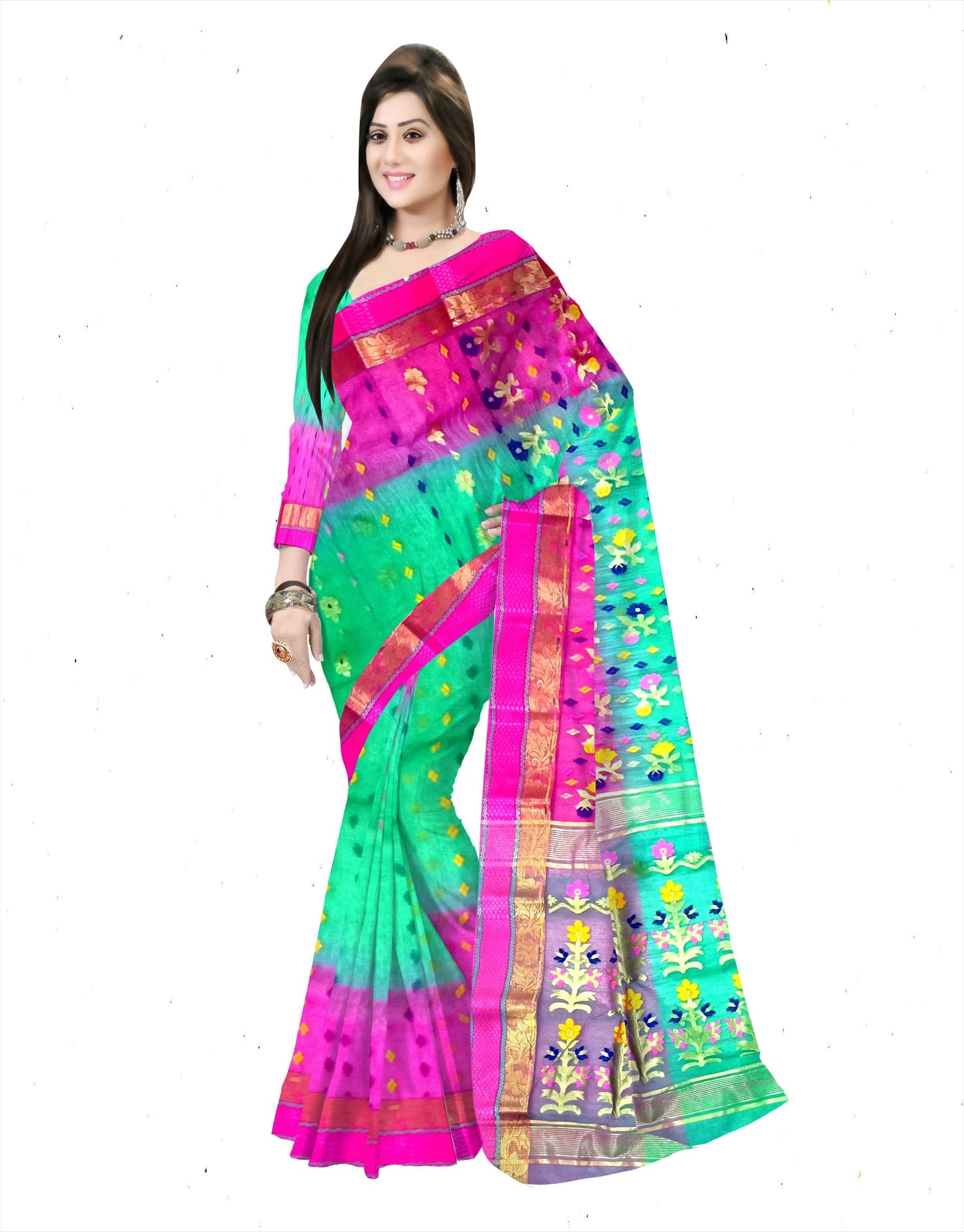Pradip Fabrics Ethnic Women's Tant Silk Red and Light Green Color Saree
