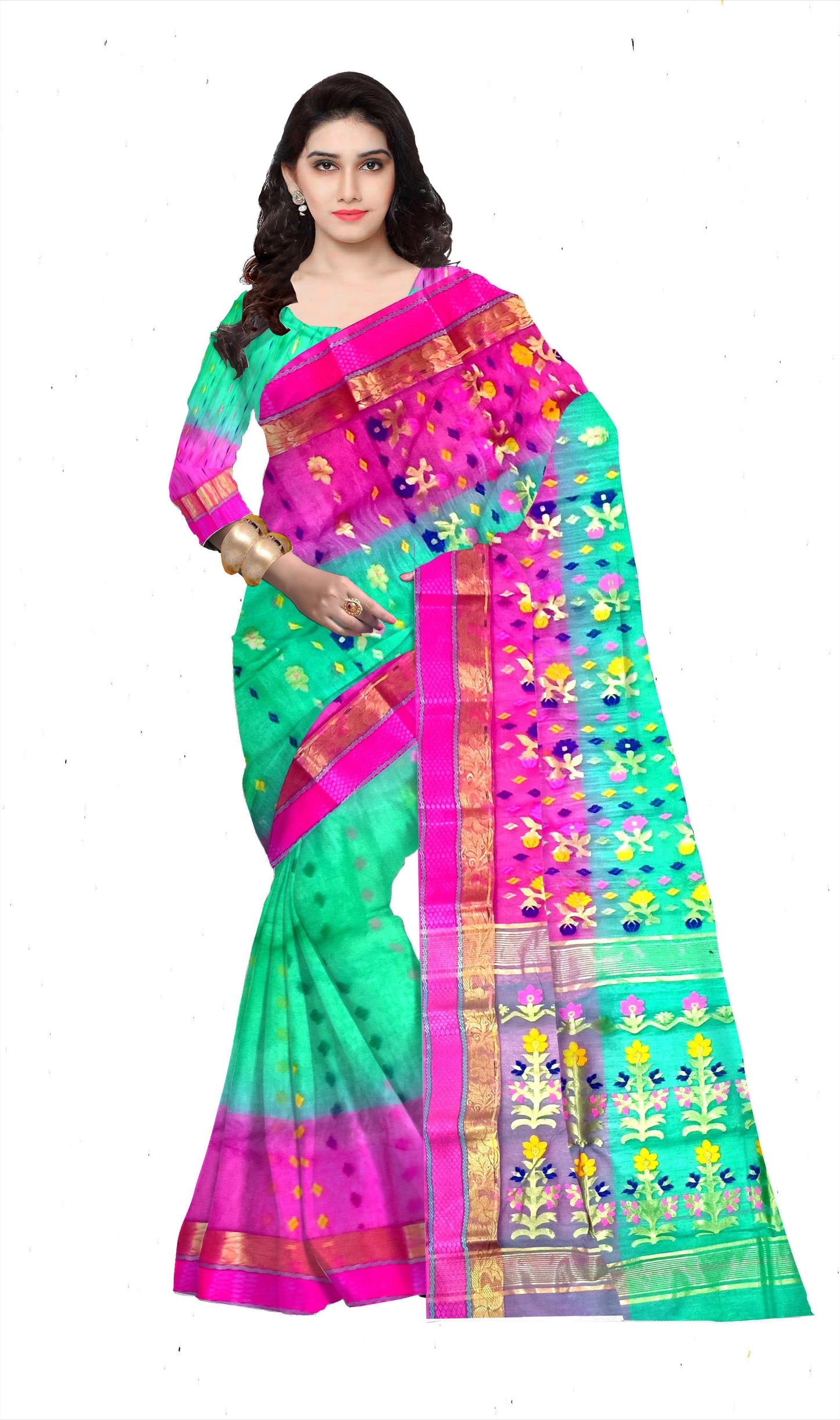 Pradip Fabrics Ethnic Women's Tant Silk Pink and Green Color Saree