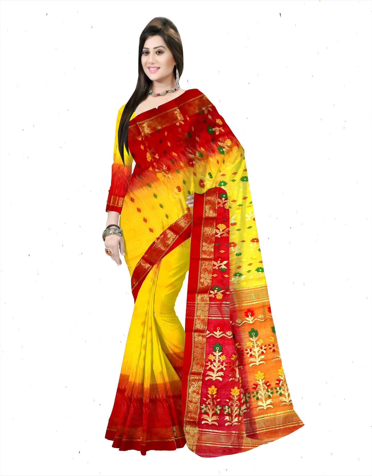Pradip Fabrics Ethnic Women's Tant Silk Red and Light Green Color Saree