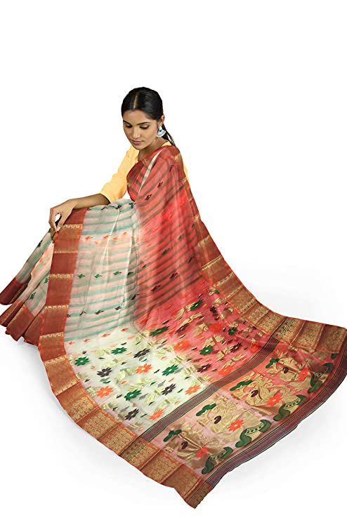 Pradip Fabrics Ethnic Women's Tant Silk Red and White Color Baluchuri Saree