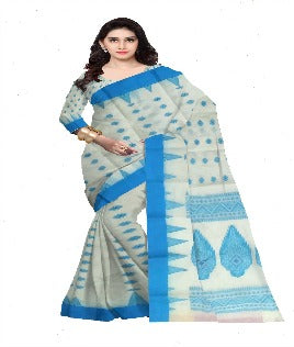 Pradip Fabrics Ethnic Women's Pure 100% Tant Cotton Beige Body and Navy Blue Border Saree