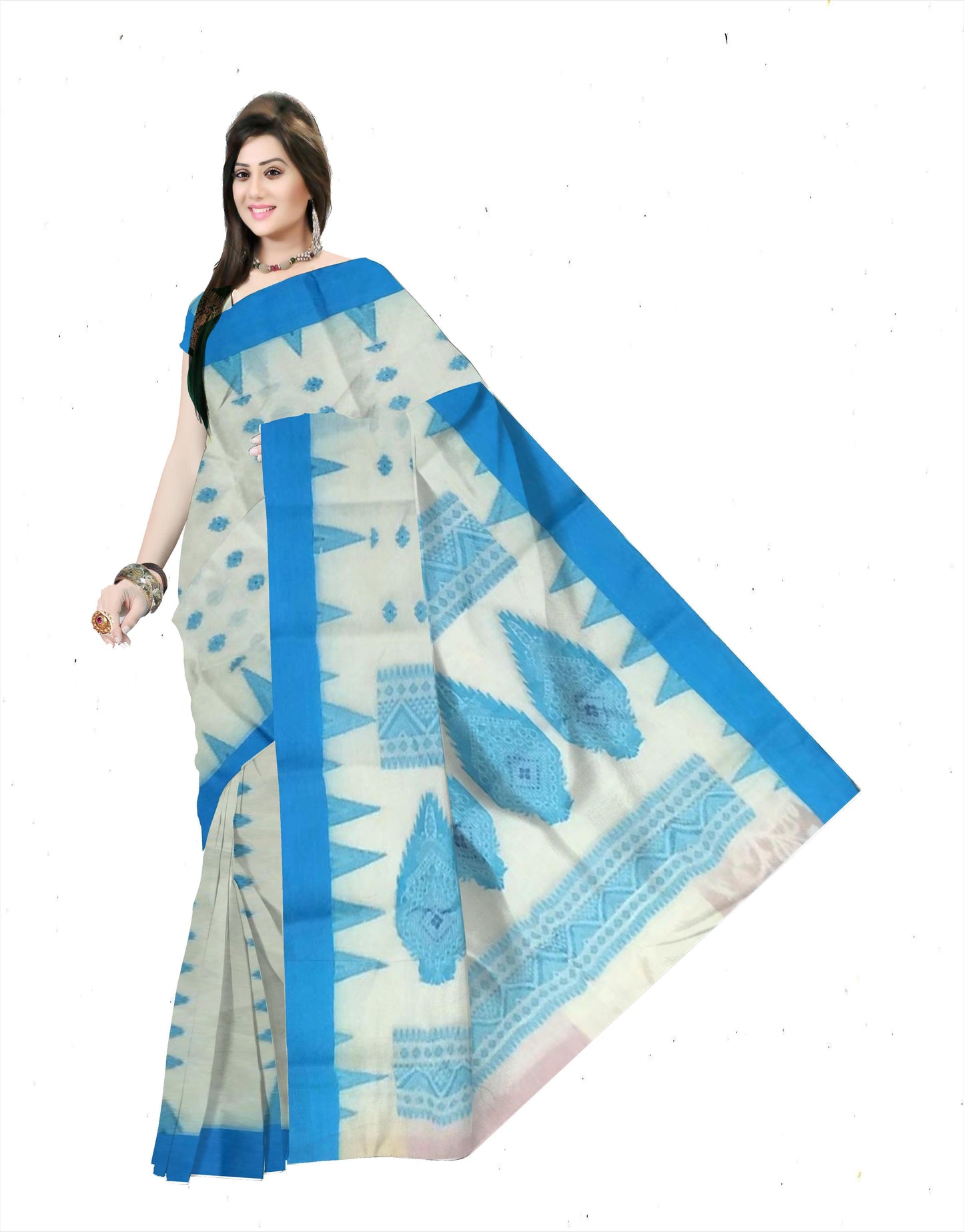 Pradip Fabrics Ethnic Women's Pure 100% Tant Cotton Beige Body and Navy Blue Border Saree