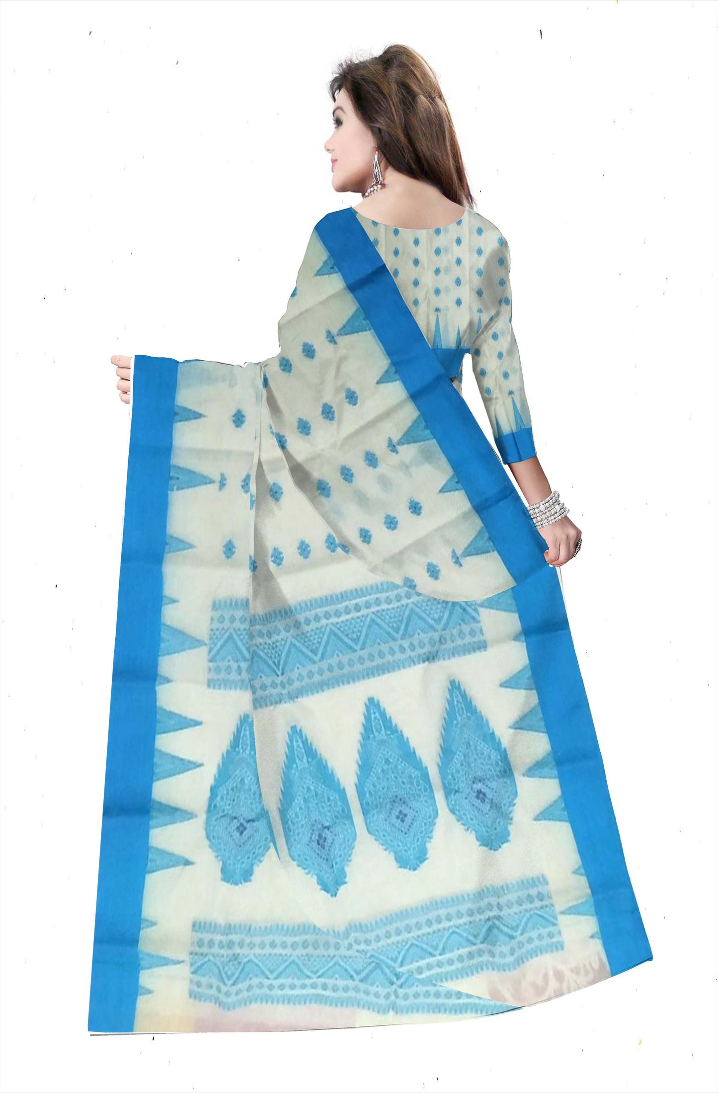 Pradip Fabrics Ethnic Women's Pure 100% Tant Cotton Beige Body and Navy Blue Border Saree