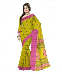 Pradip Fabrics Ethnic Women's Pure 100% Tant Cotton Yellow Body and Pink Border Saree