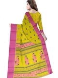 Pradip Fabrics Ethnic Women's Pure 100% Tant Cotton Yellow Body and Pink Border Saree
