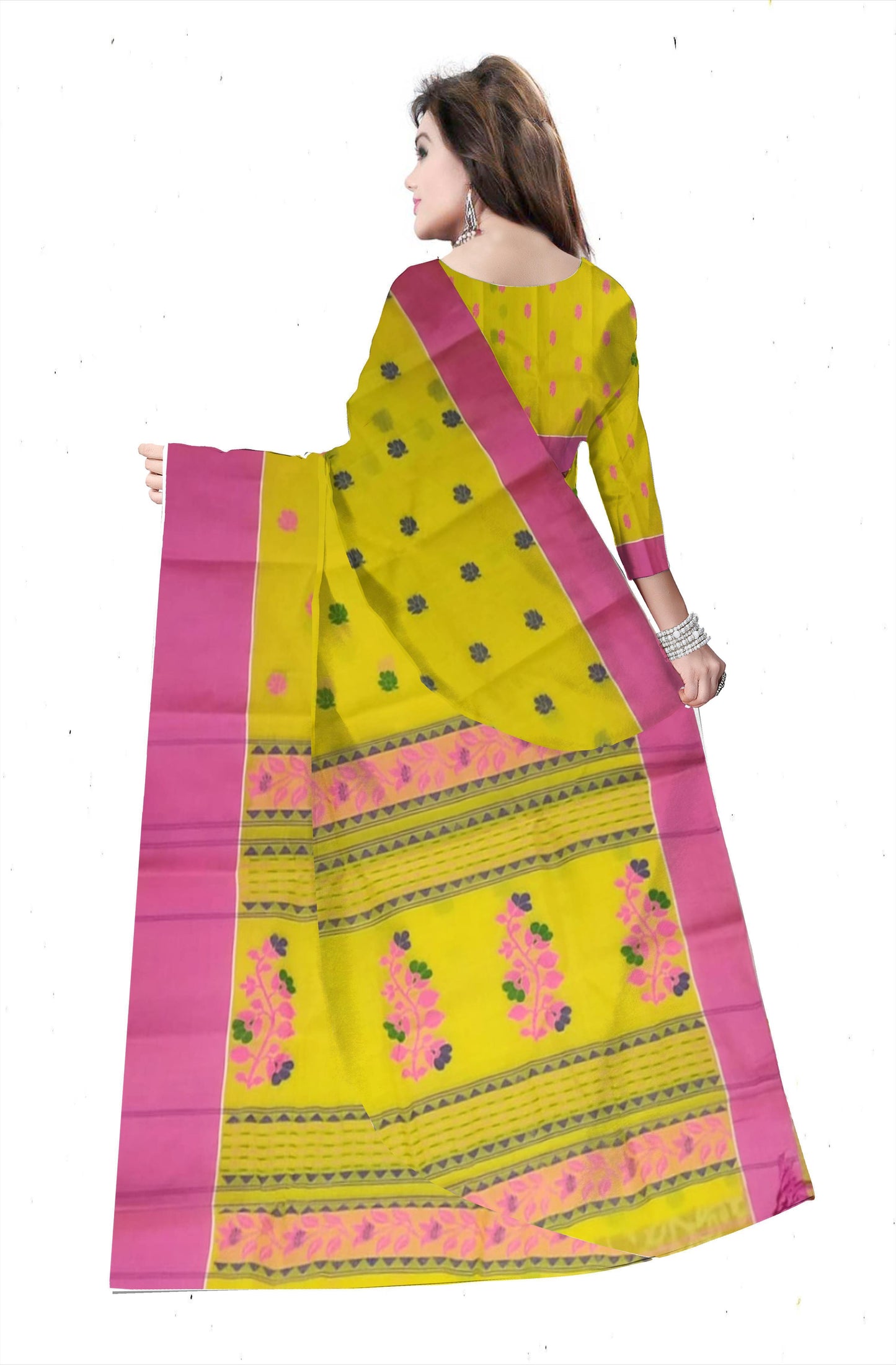 Pradip Fabrics Ethnic Women's Pure 100% Tant Cotton Yellow Body and Pink Border Saree