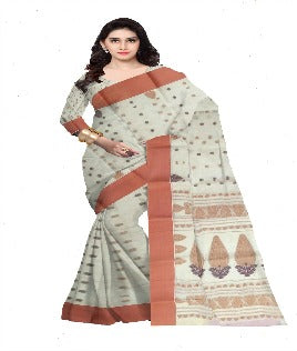 Pradip Fabrics Ethnic Women's Pure 100% Tant Cotton Deep Cream Body and Red Border Saree