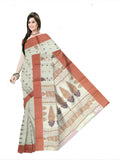 Pradip Fabrics Ethnic Women's Pure 100% Tant Cotton Deep Cream Body and Red Border Saree