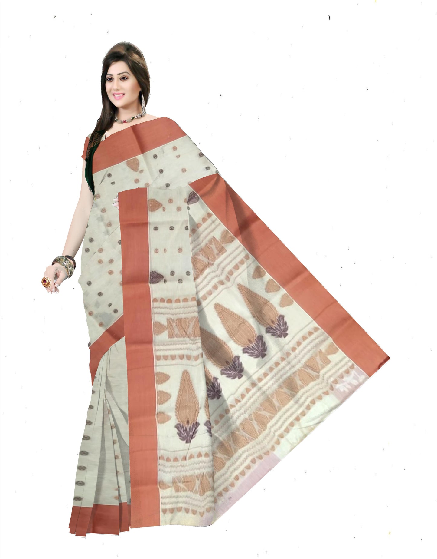 Pradip Fabrics Ethnic Women's Pure 100% Tant Cotton Deep Cream Body and Red Border Saree