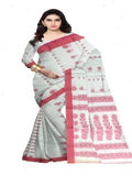 Pradip Fabrics Ethnic Women's Pure 100% Tant Cotton White Body and Red Border Saree