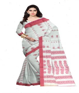 Pradip Fabrics Ethnic Women's Pure 100% Tant Cotton White Body and Red Border Saree