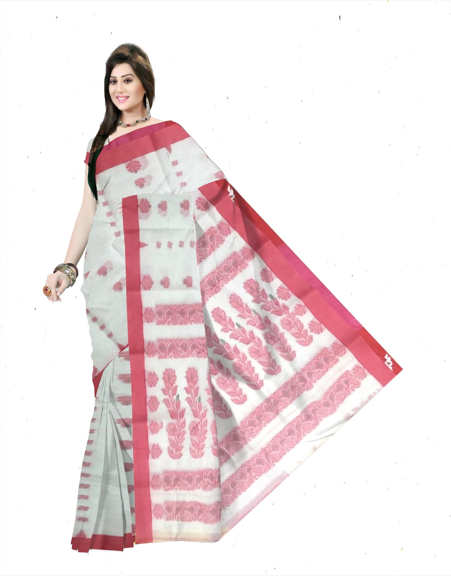 Pradip Fabrics Ethnic Women's Pure 100% Tant Cotton White Body and Red Border Saree