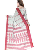 Pradip Fabrics Ethnic Women's Pure 100% Tant Cotton White Body and Red Border Saree