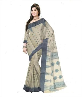 Pradip Fabrics Ethnic Women's Pure 100% Tant Cotton Cream Body and Ash Border Saree