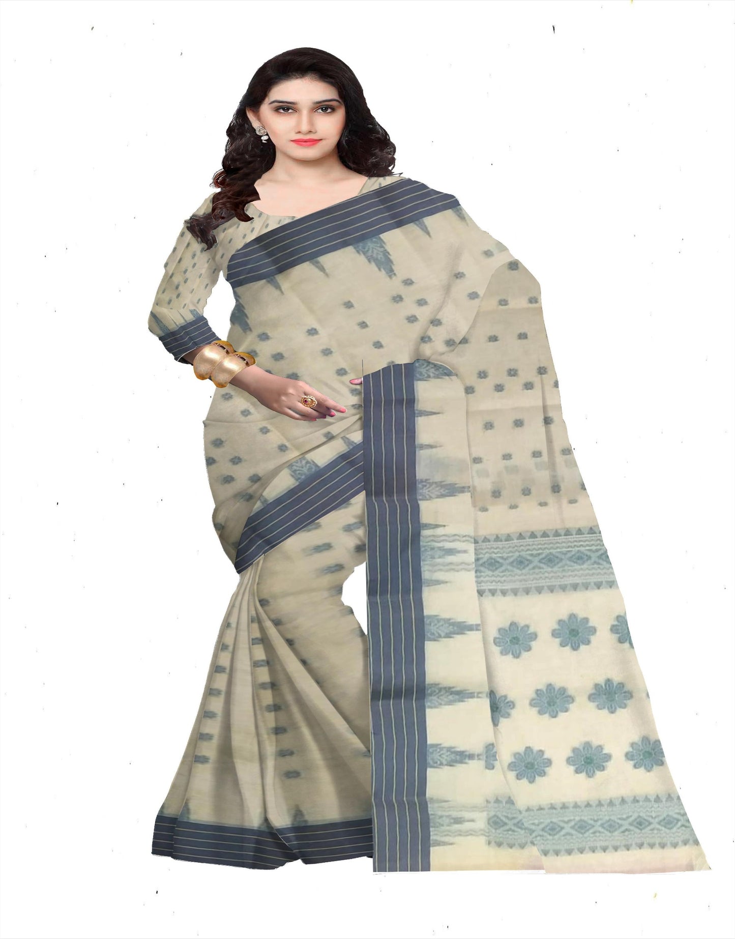 Pradip Fabrics Ethnic Women's Pure 100% Tant Cotton Cream Body and Ash Border Saree