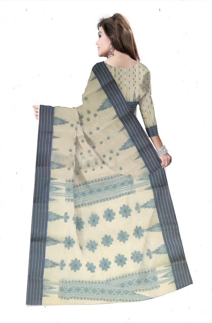 Pradip Fabrics Ethnic Women's Pure 100% Tant Cotton Cream Body and Ash Border Saree