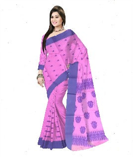 Pradip Fabrics Ethnic Women's Pure 100% Tant Cotton Pink Body and Blue Border Saree