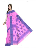Pradip Fabrics Ethnic Women's Pure 100% Tant Cotton Pink Body and Blue Border Saree