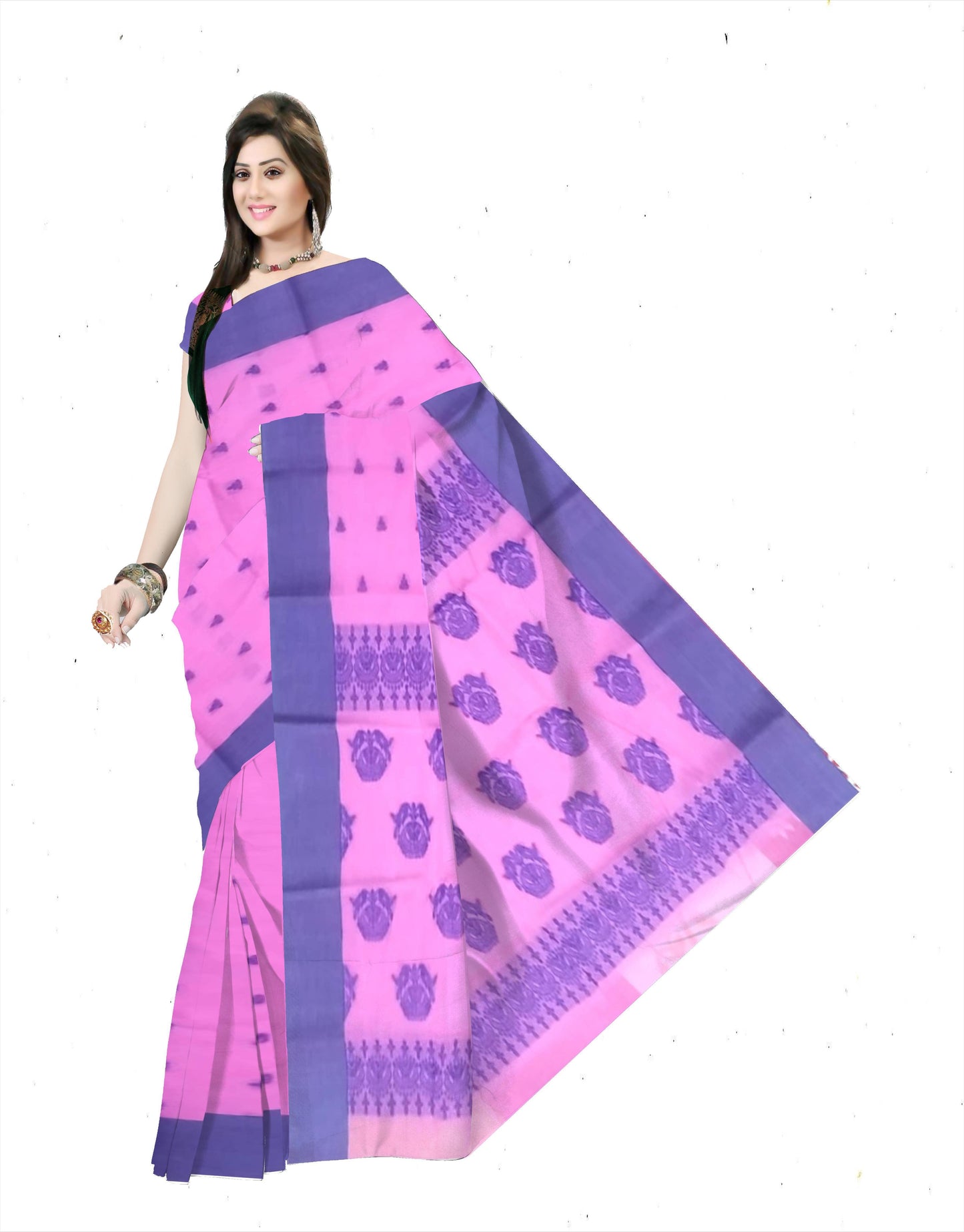 Pradip Fabrics Ethnic Women's Pure 100% Tant Cotton Pink Body and Blue Border Saree