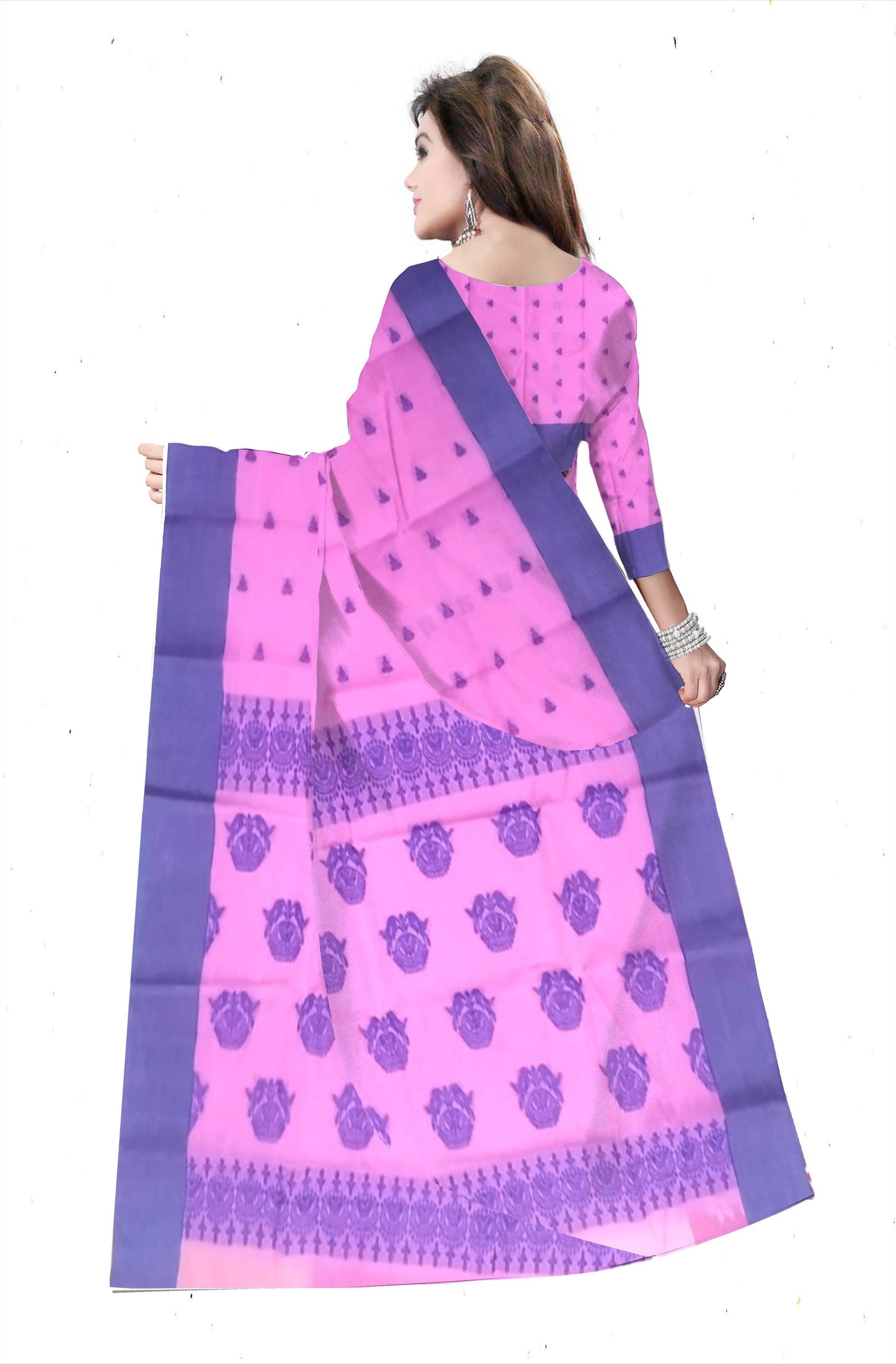Pradip Fabrics Ethnic Women's Pure 100% Tant Cotton Pink Body and Blue Border Saree