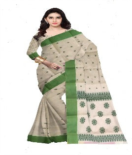 Pradip Fabrics Ethnic Women's Pure 100% Tant Cotton Beige Body and Green Border Saree
