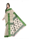 Pradip Fabrics Ethnic Women's Pure 100% Tant Cotton Beige Body and Green Border Saree
