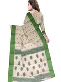 Pradip Fabrics Ethnic Women's Pure 100% Tant Cotton Beige Body and Green Border Saree