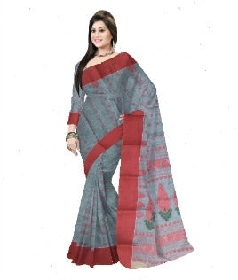 Pradip Fabrics Ethnic Women's Pure 100% Tant Cotton Black Body and Red Border Saree