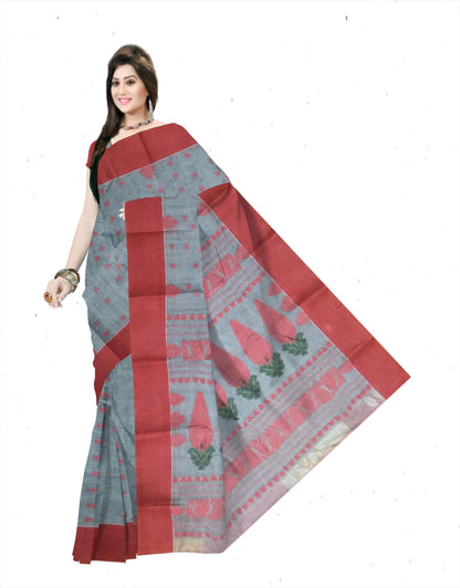 Pradip Fabrics Ethnic Women's Pure 100% Tant Cotton Black Body and Red Border Saree
