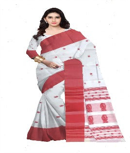 Pradip Fabrics Ethnic Women's Pure 100% Tant Cotton White Body and Red Border Saree