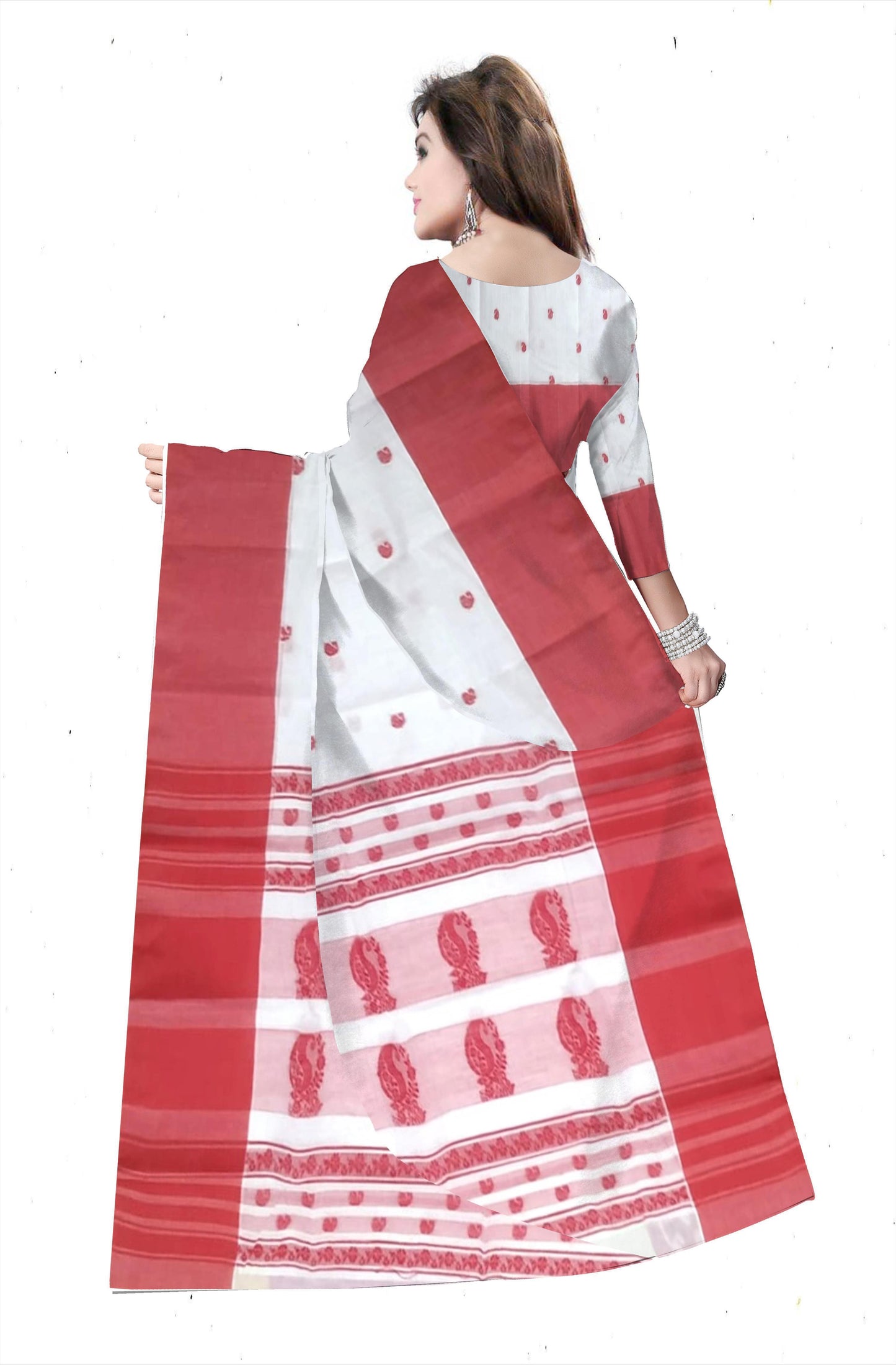 Pradip Fabrics Ethnic Women's Pure 100% Tant Cotton White Body and Red Border Saree
