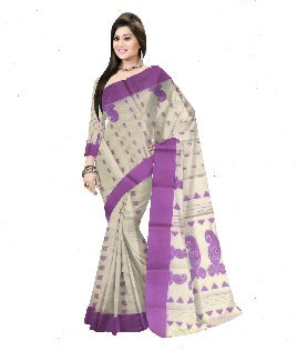 Pradip Fabrics Ethnic Women's Pure 100% Tant Cotton Cream Body and Pink Border Saree