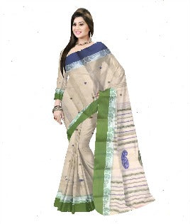 Pradip Fabrics Ethnic Women's Pure 100% Tant Cotton Light Cream Body and Green Border Saree