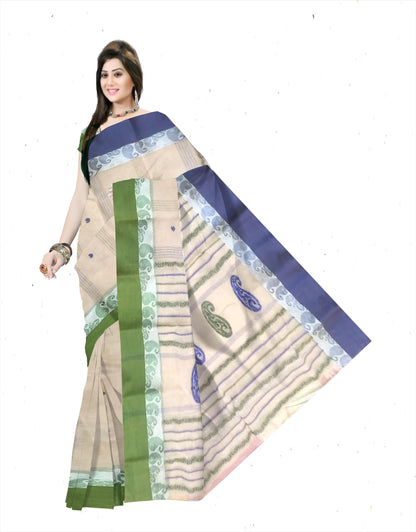 Pradip Fabrics Ethnic Women's Pure 100% Tant Cotton Light Cream Body and Green Border Saree