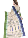 Pradip Fabrics Ethnic Women's Pure 100% Tant Cotton Light Cream Body and Green Border Saree
