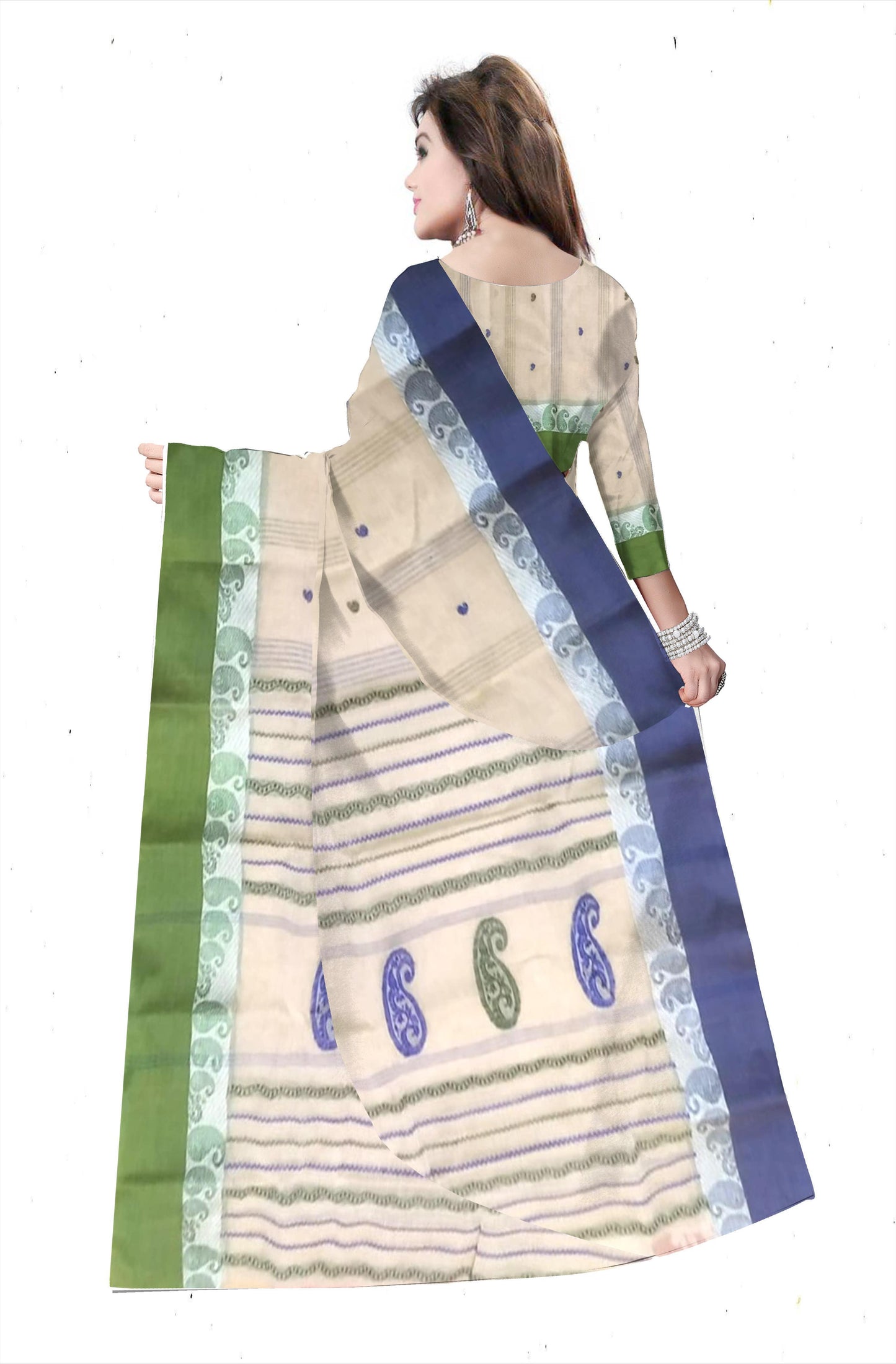 Pradip Fabrics Ethnic Women's Pure 100% Tant Cotton Light Cream Body and Green Border Saree