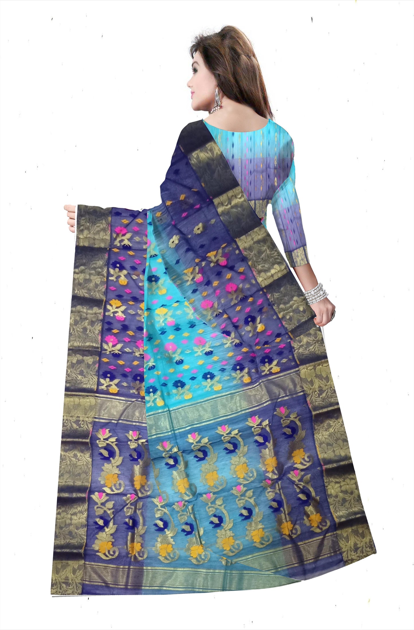 Pradip Fabrics Ethnic Women's Tant Silk Green and Blue Color Buti Work Floral Design Saree