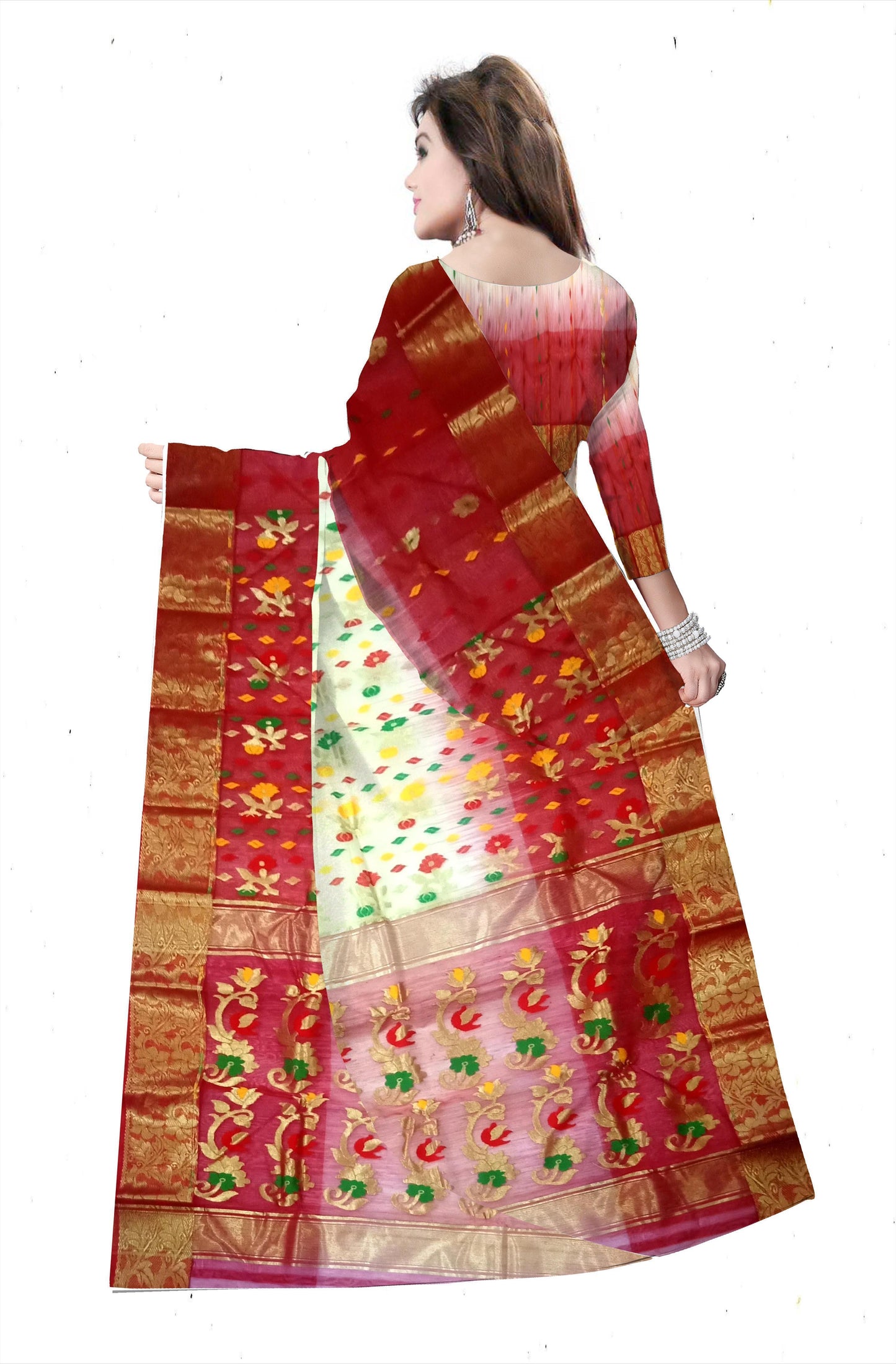 Pradip Fabrics Ethnic Women's Tant Silk white and Red Color Buti Work Floral Design Saree