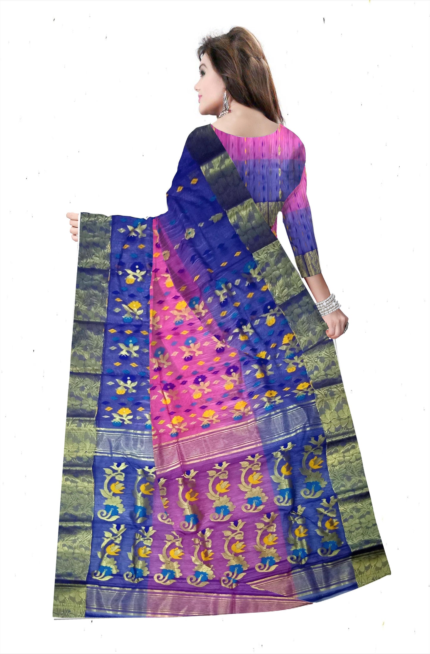 Pradip Fabrics Ethnic Women's Tant Silk Pink and Blue Color All Over Buti Work Floral Design Saree
