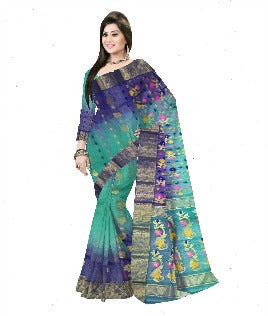 Pradip Fabrics Ethnic Women's Tant Silk Blue and Sea Green Color Buti Work Floral Design Saree