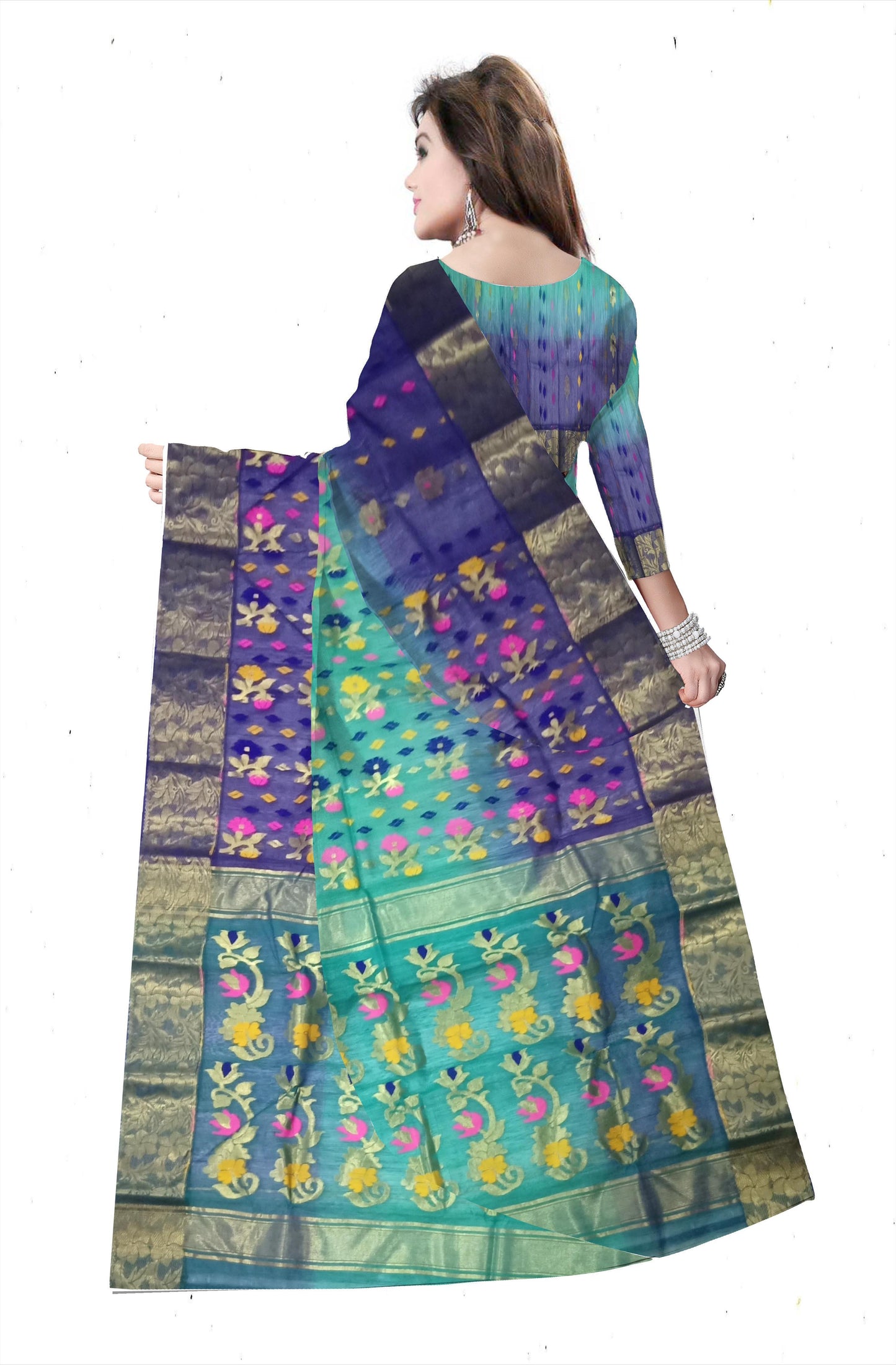 Pradip Fabrics Ethnic Women's Tant Silk Blue and Sea Green Color Buti Work Floral Design Saree