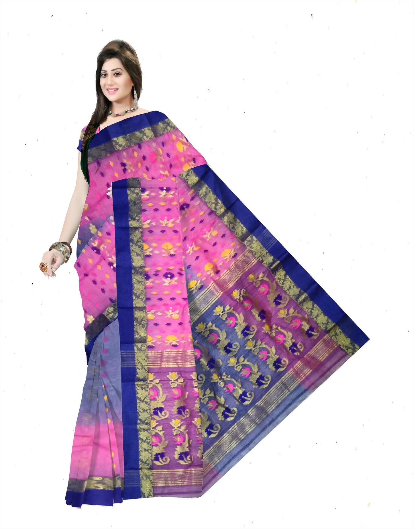 Pradip Fabrics Ethnic Women's Tant Silk Green and Blue Color Buti Work Floral Design Saree